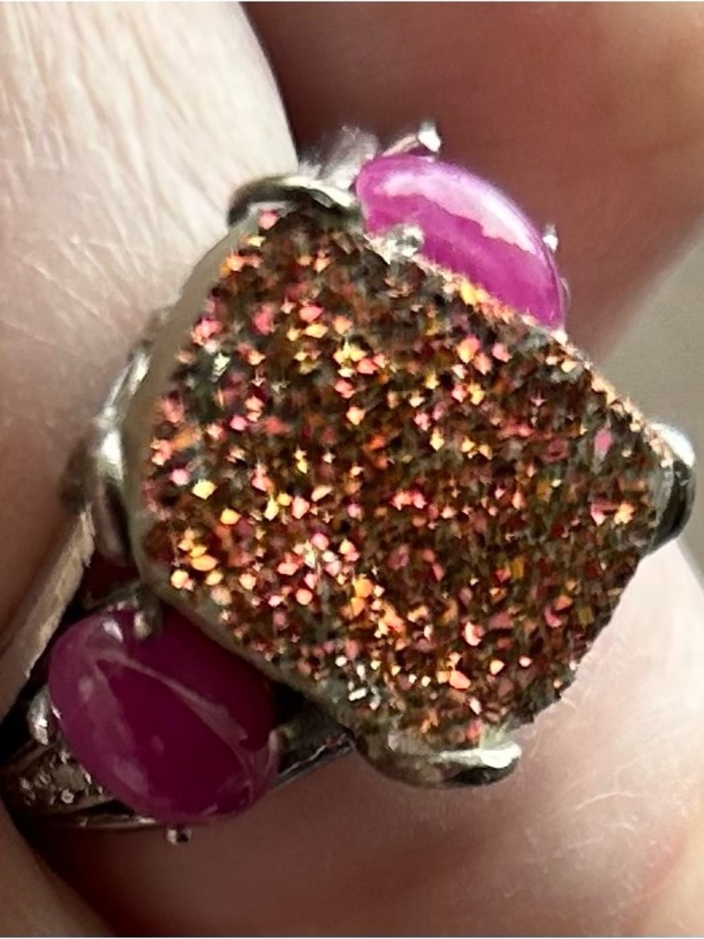 VINTAGE Pink Druzy and Magenta Cabochon Sterling Ring NWOT